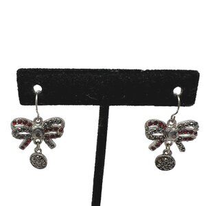 Silver Tone Bow Earrings Red Stone‎ Drop Dangle Pierced Wire Christmas Holiday